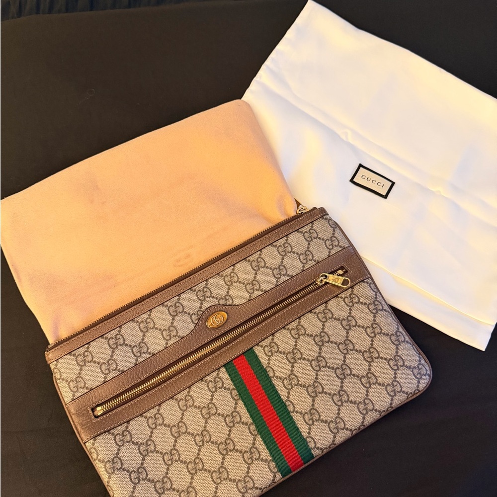 Gucci Brown Monogram Pouch with Gold Accent